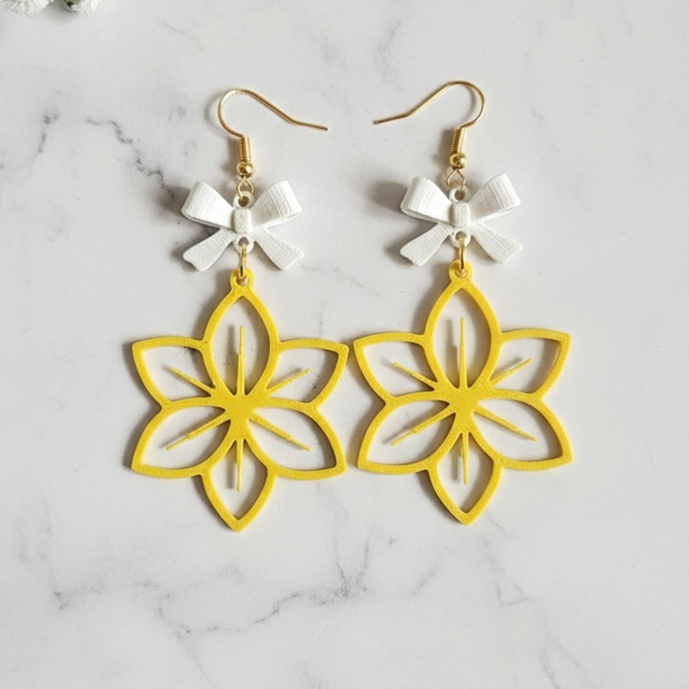 Yellow Floral Earrings with White Bow Accents - Picture 3 of 6
